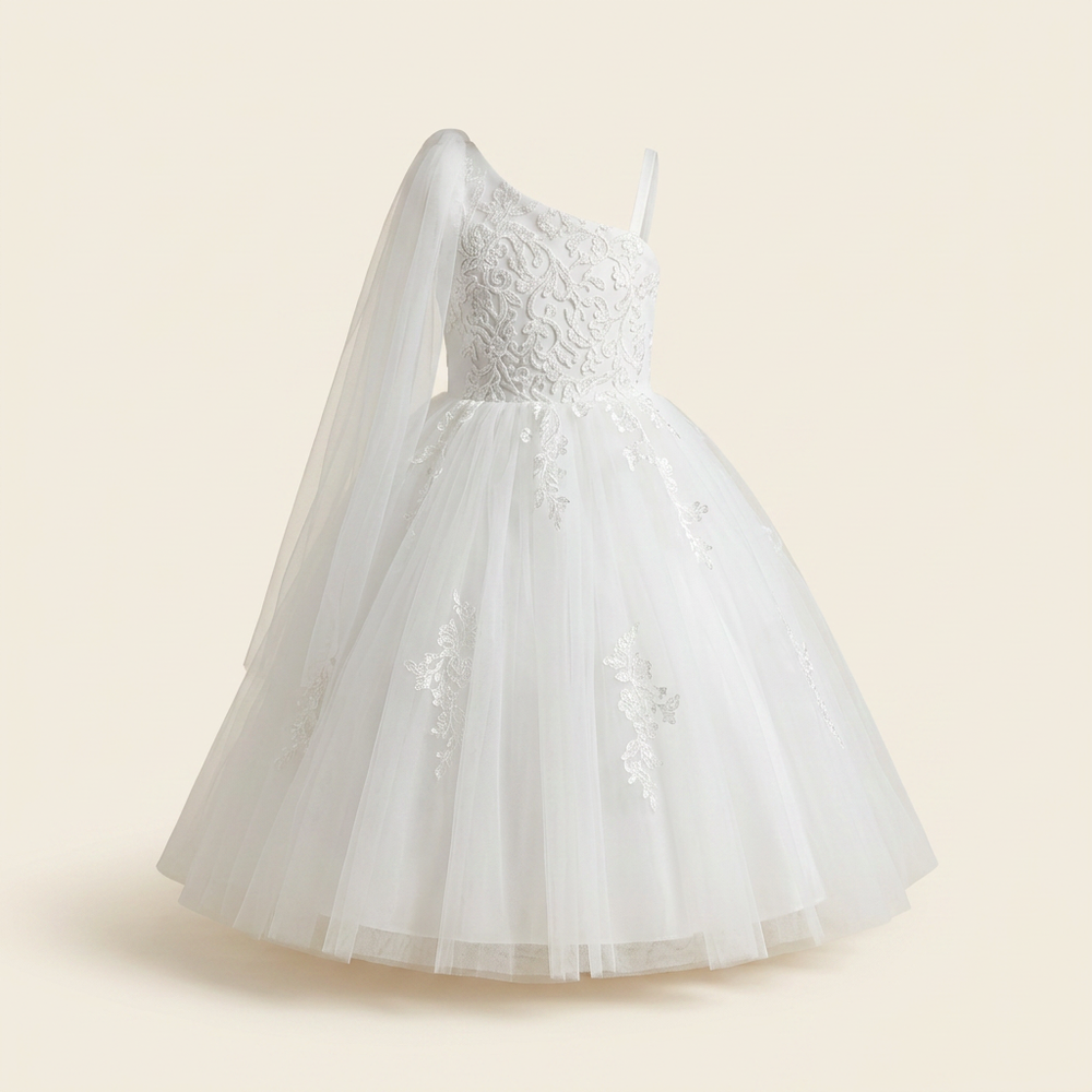 Robe Fille Blanc 1 Manche Dentelle