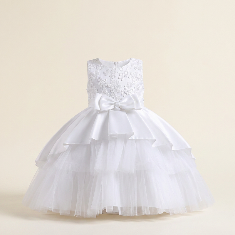 Robe Fille Blanc Nœud Étagé