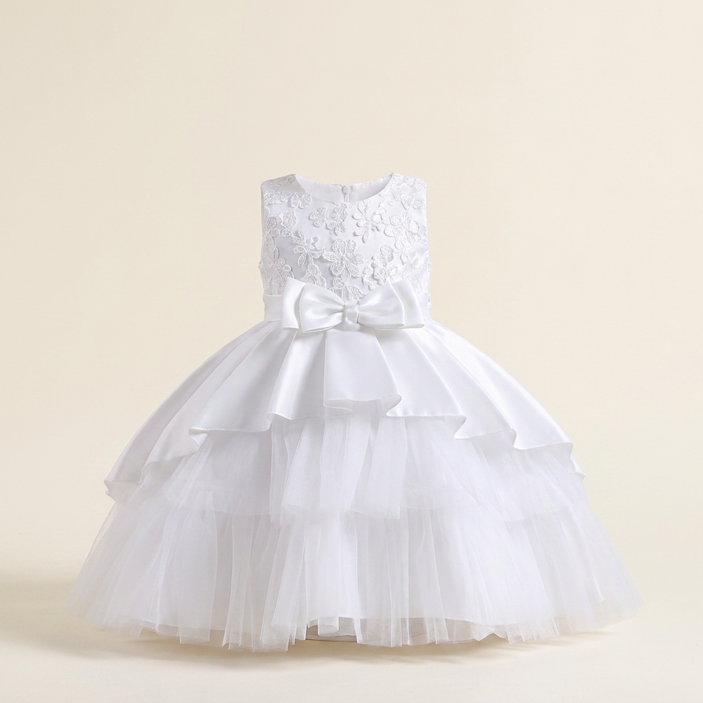 Robe Fille Blanc Nœud Étagé