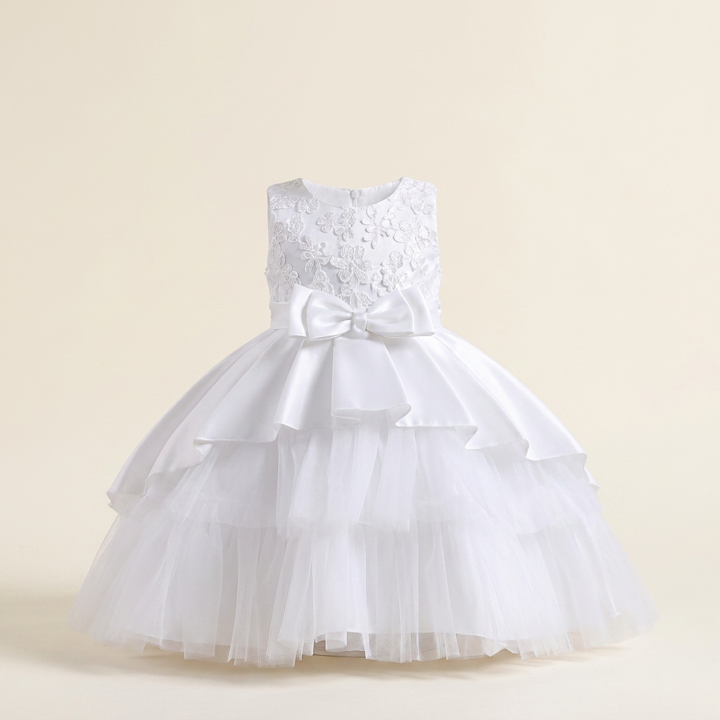 Robe Fille Blanc Nœud Étagé — visuel 1