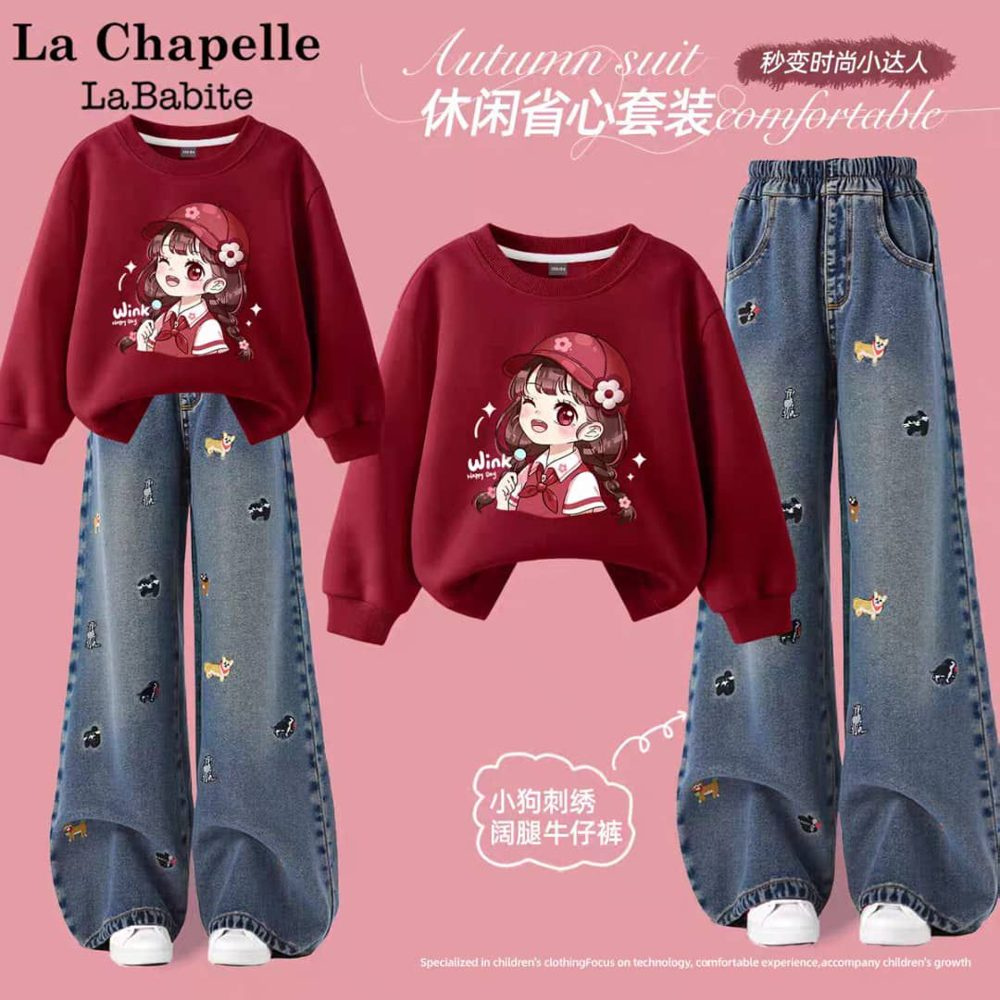 Ensemble Pull Bordeau Pantalon Jeans — visuel 1